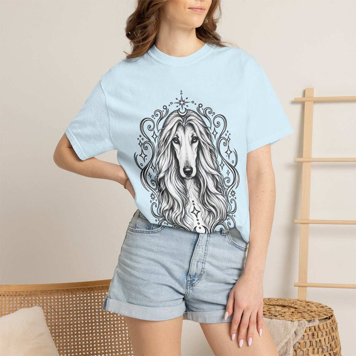 Mystical Afghan Hound Line Art T-Shirt — Minimal Dog Portrait Tee