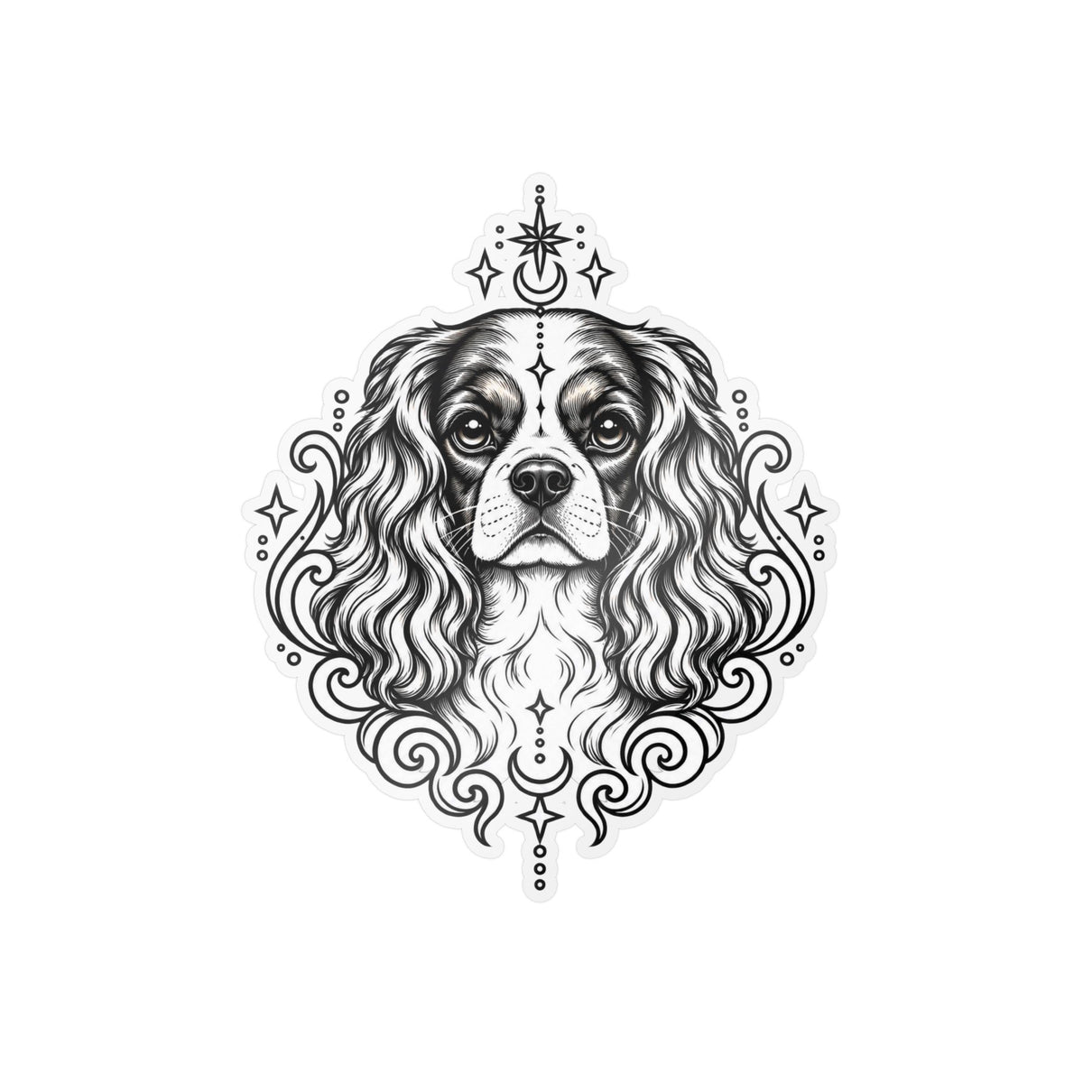 Mystical Cavalier King Charles Spaniel  Line Art Kiss-Cut Vinyl Sticker — Decorative Dog Portrait Decal