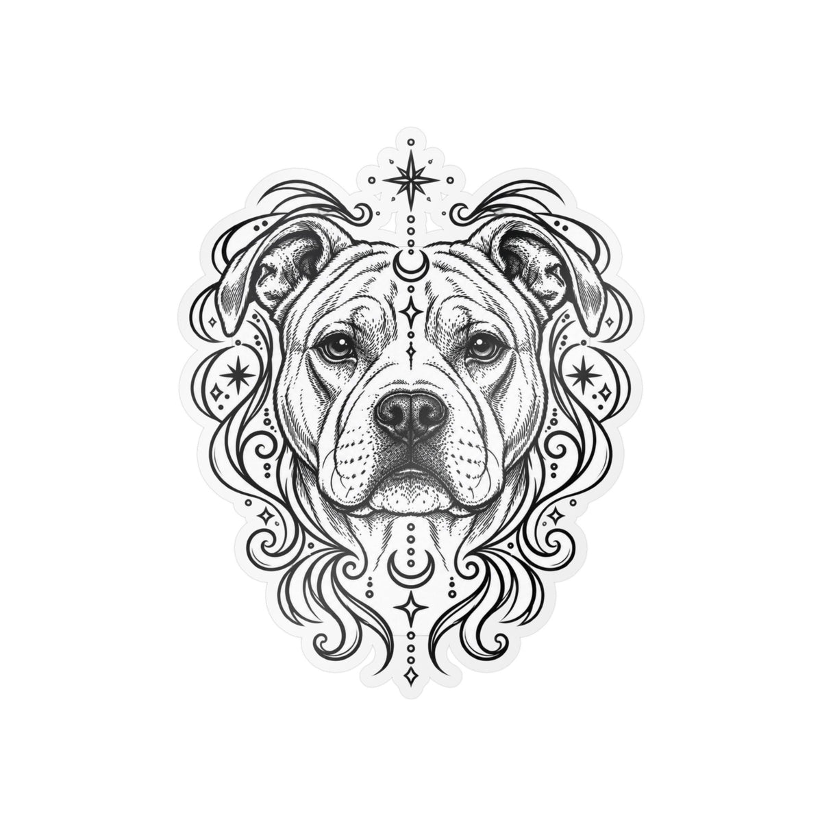 Mystical American Staffordshire Terrier Line Art Kiss-Cut Vinyl Sticker — Decorative Dog Portrait Decal