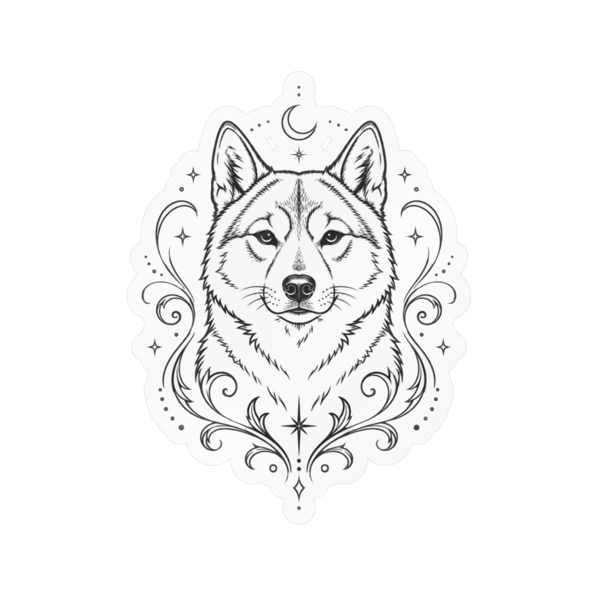 Mystical Shikoku Line Art Kiss-Cut Vinyl Sticker — Decorative Dog Portrait Decal