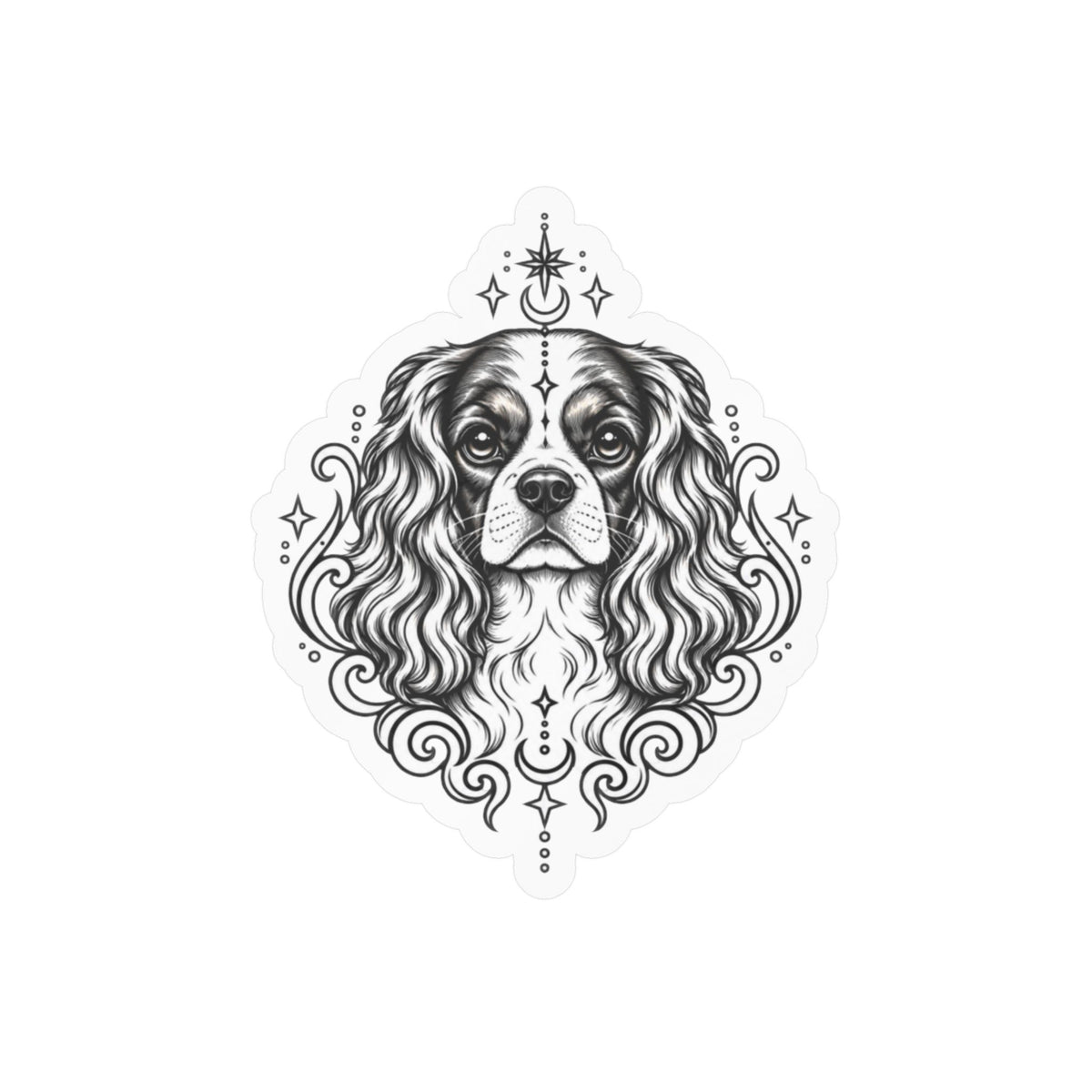 Mystical Cavalier King Charles Spaniel  Line Art Kiss-Cut Vinyl Sticker — Decorative Dog Portrait Decal