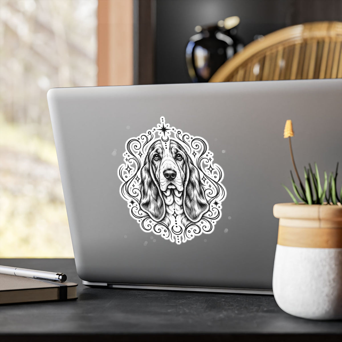 Mystical Basset Hound Line Art Kiss-Cut Vinyl Sticker — Decorative Dog Portrait Decal