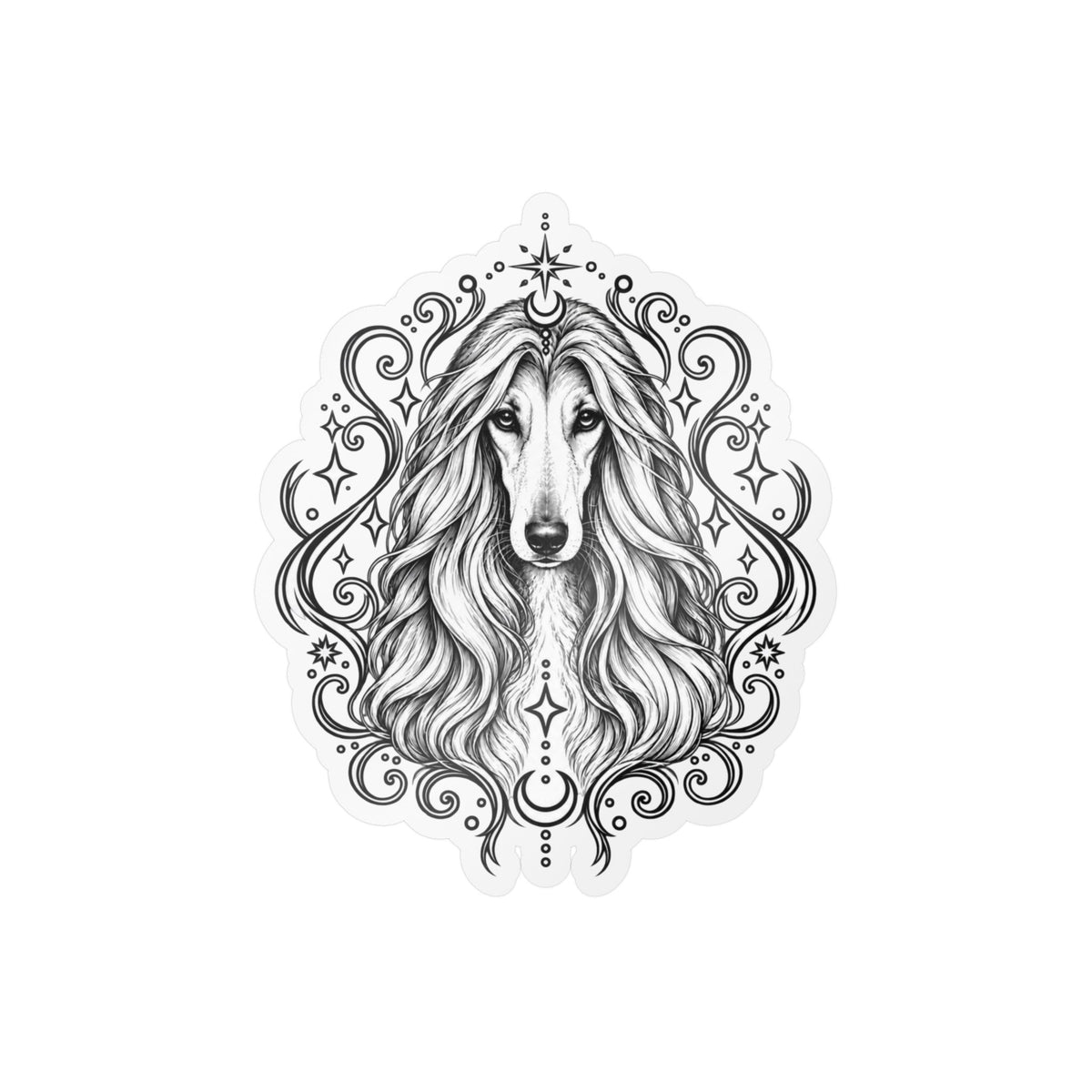 Mystical Afghan Hound Line Art Kiss-Cut Vinyl Sticker — Decorative Dog Portrait Decal