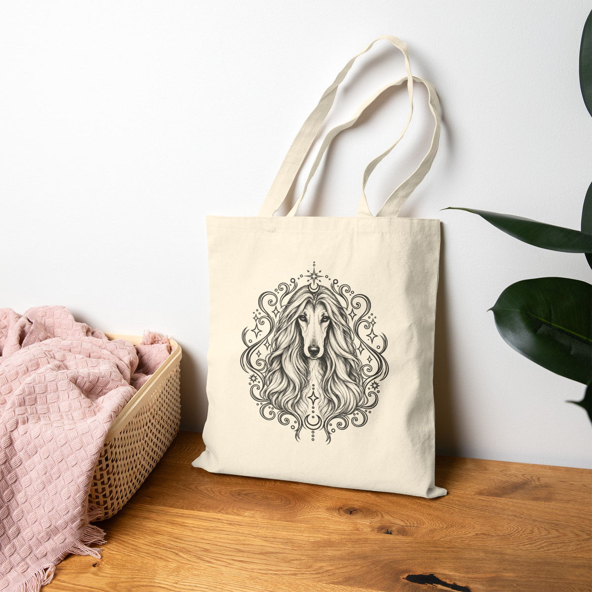 Mystical Afghan Hound Line Art Canvas Tote — Dog Portrait Cotton Shopper