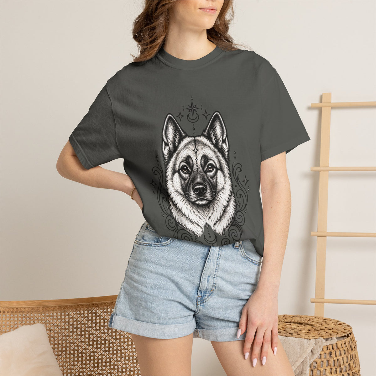 Mystical Norwegian Elkhound Line Art T-Shirt — Minimal Dog Portrait Tee
