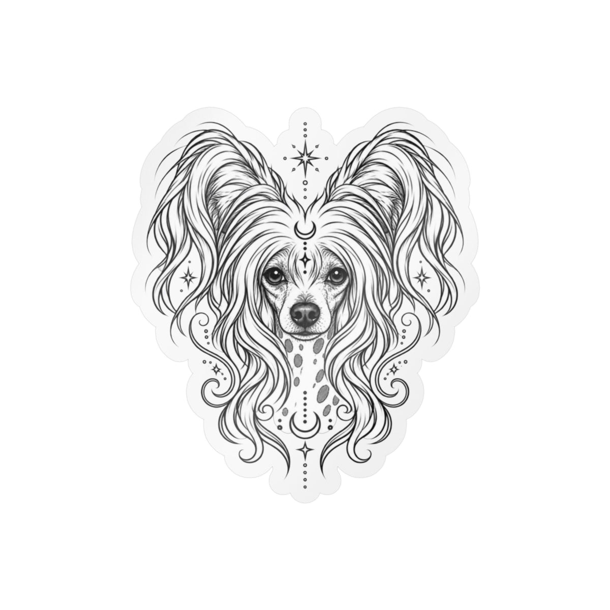 Mystical Chinese Crested Line Art Kiss-Cut Vinyl Sticker — Decorative Dog Portrait Decal