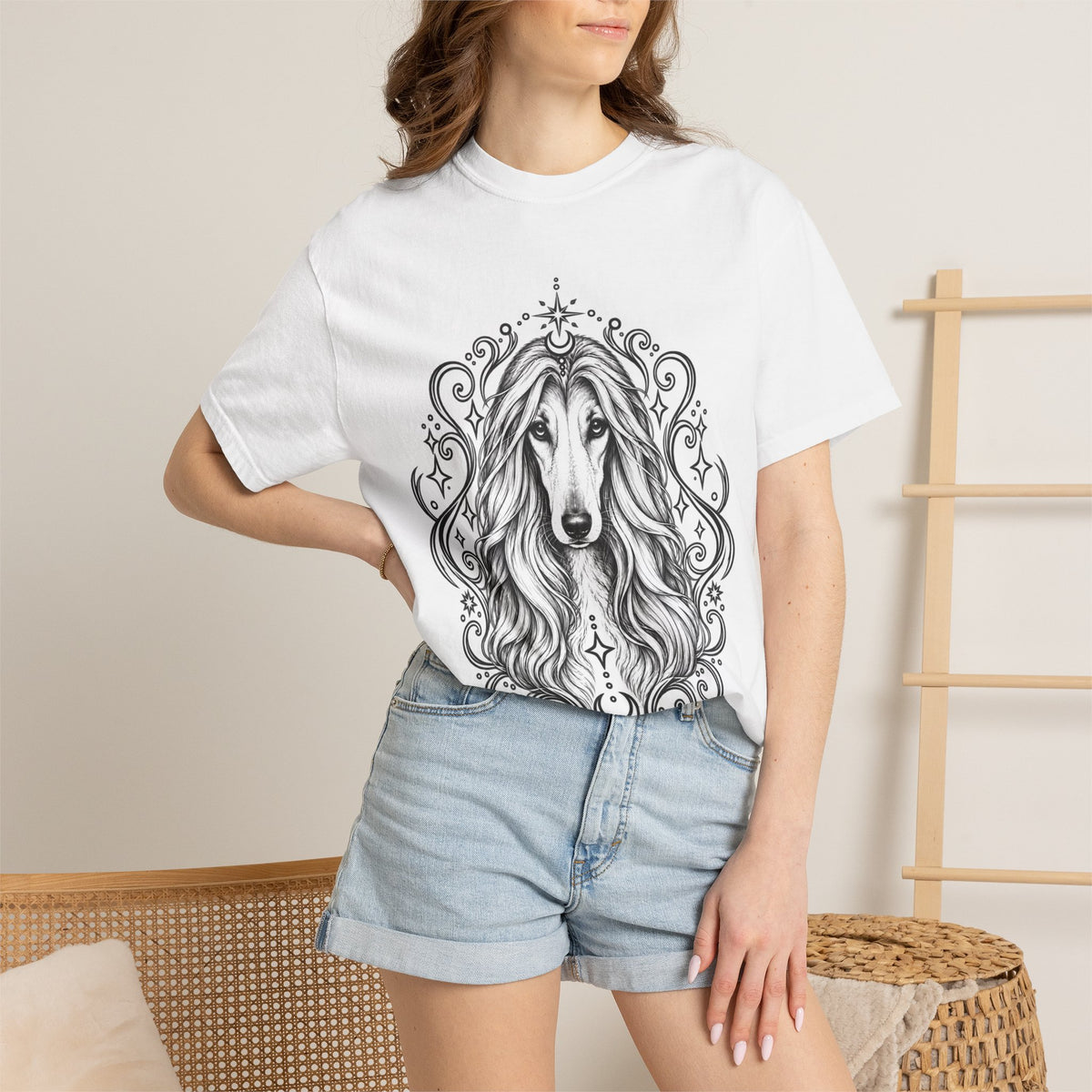 Mystical Afghan Hound Line Art T-Shirt — Minimal Dog Portrait Tee
