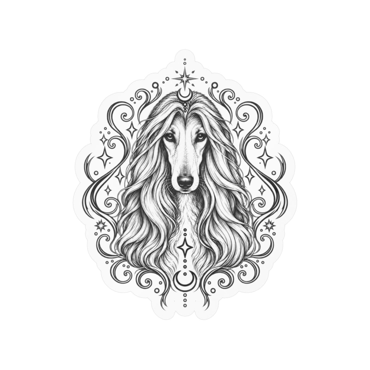 Mystical Afghan Hound Line Art Kiss-Cut Vinyl Sticker — Decorative Dog Portrait Decal