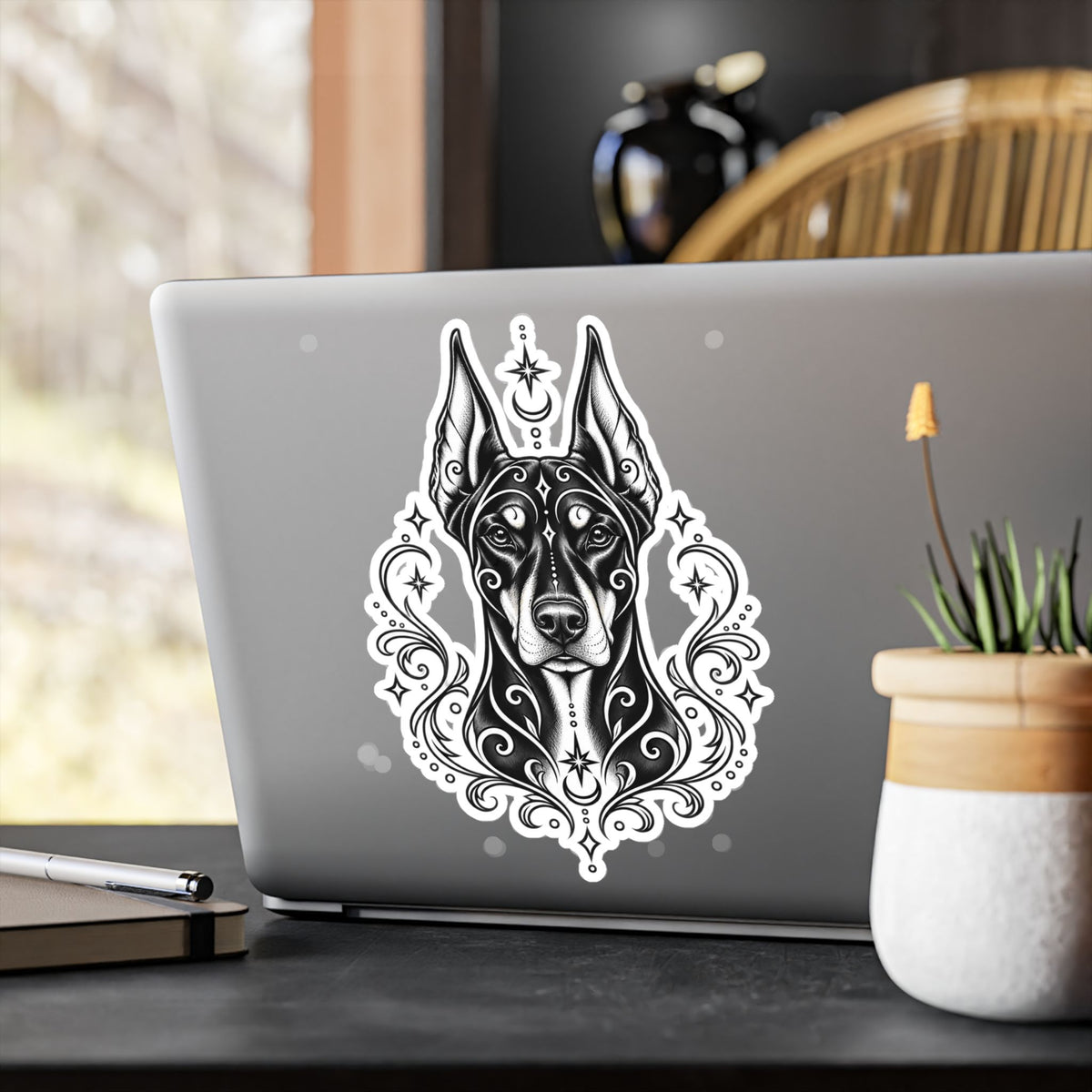 Mystical Doberman Pinscher CE Line Art Kiss-Cut Vinyl Sticker — Decorative Dog Portrait Decal