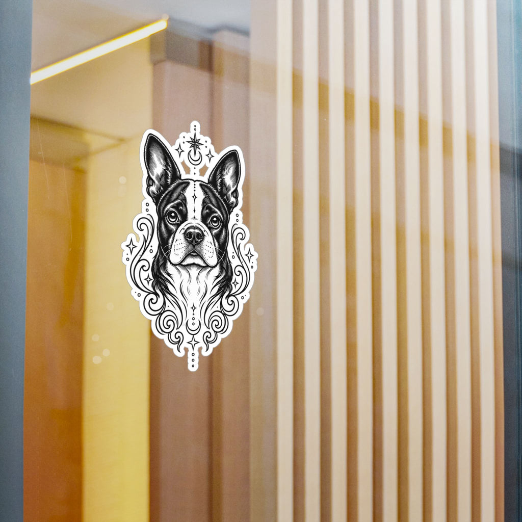 Mystical Boston Terrier Line Art Kiss-Cut Vinyl Sticker — Decorative Dog Portrait Decal