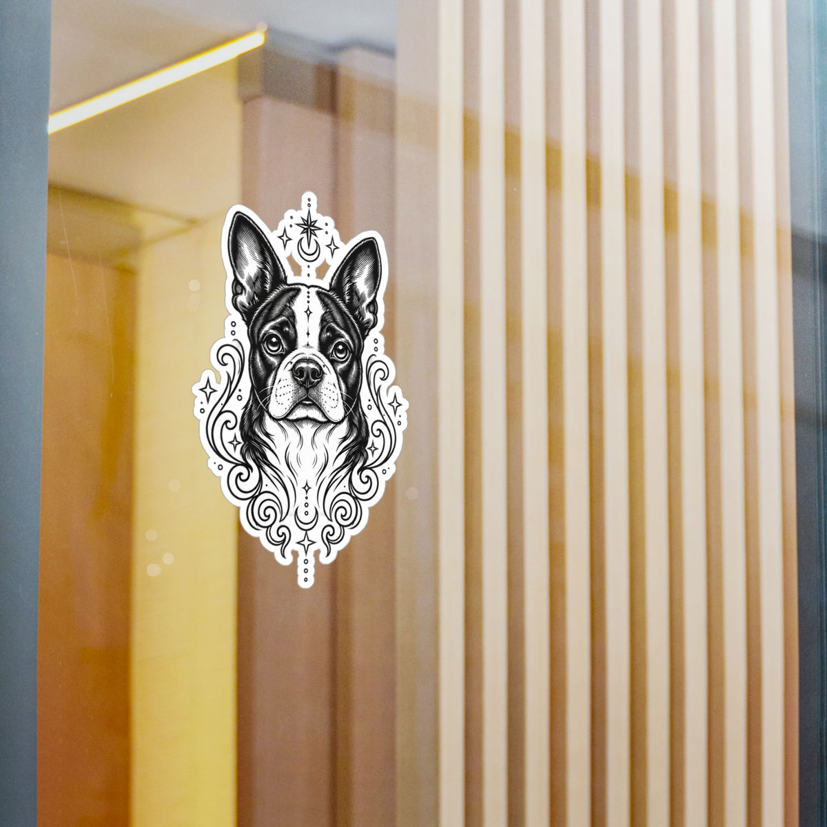 Mystical Boston Terrier Line Art Kiss-Cut Vinyl Sticker — Decorative Dog Portrait Decal