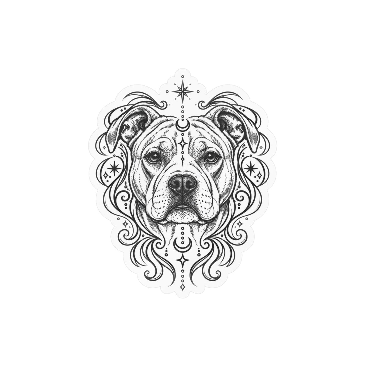 Mystical American Staffordshire Terrier Line Art Kiss-Cut Vinyl Sticker — Decorative Dog Portrait Decal