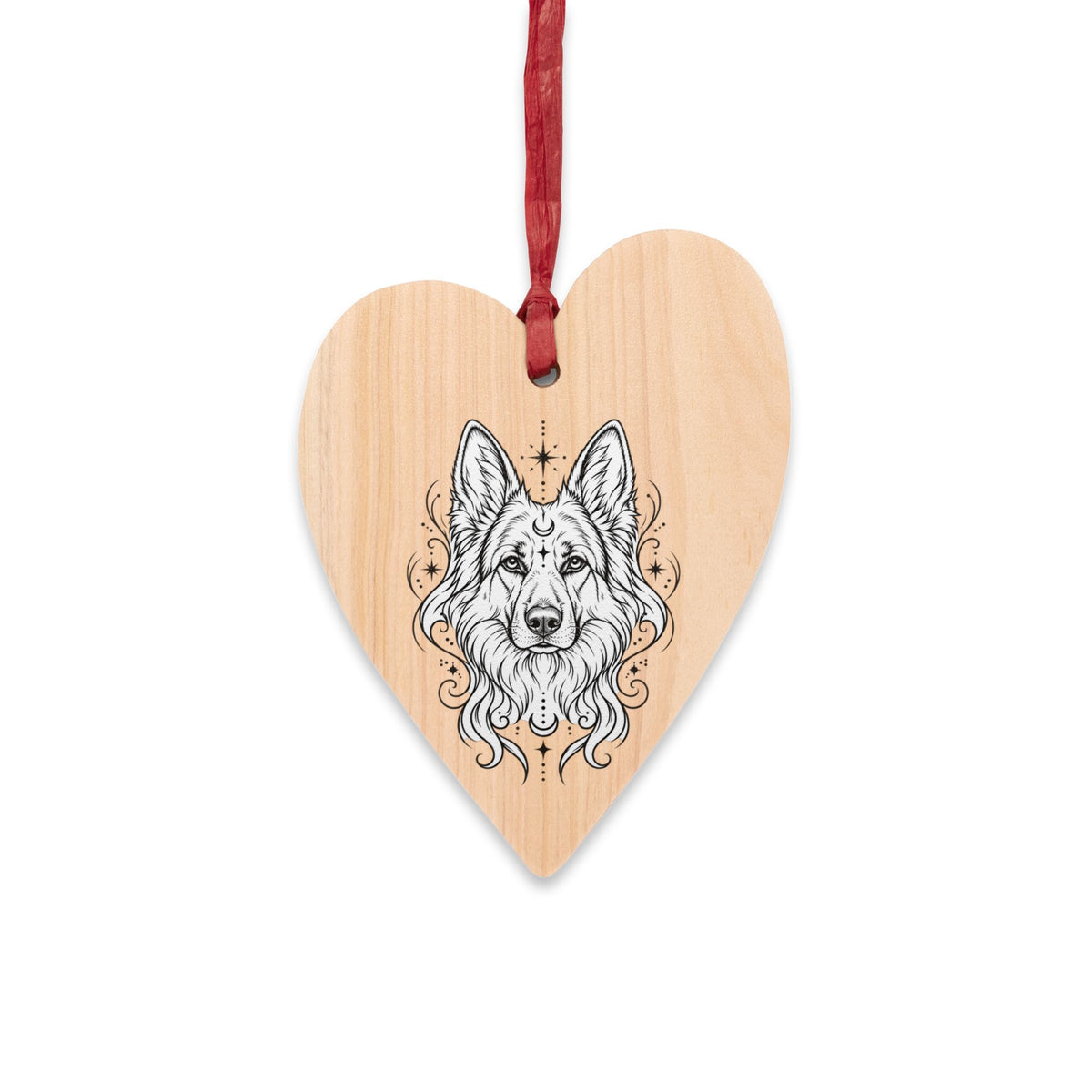 Mystical White Swiss Shepherd Wooden Ornament — Hand-Drawn Wolf Portrait on Heart-Shaped Wood