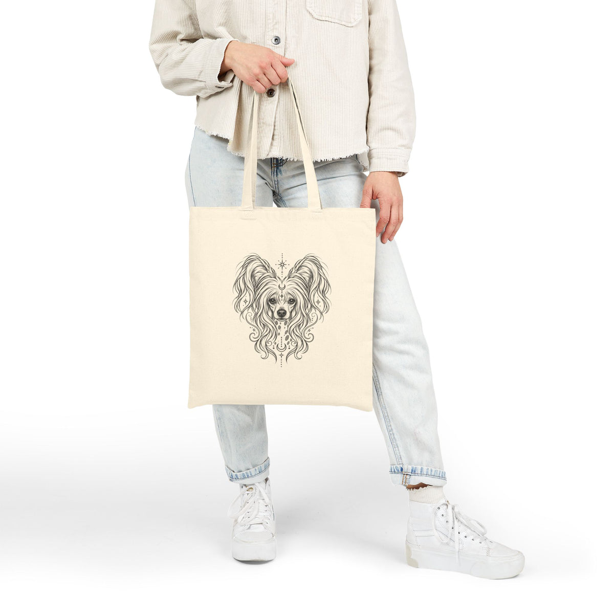 Mystical Chinese Crested Line Art Canvas Tote — Dog Portrait Cotton Shopper