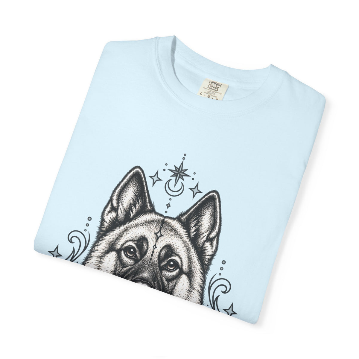 Mystical Norwegian Elkhound Line Art T-Shirt — Minimal Dog Portrait Tee