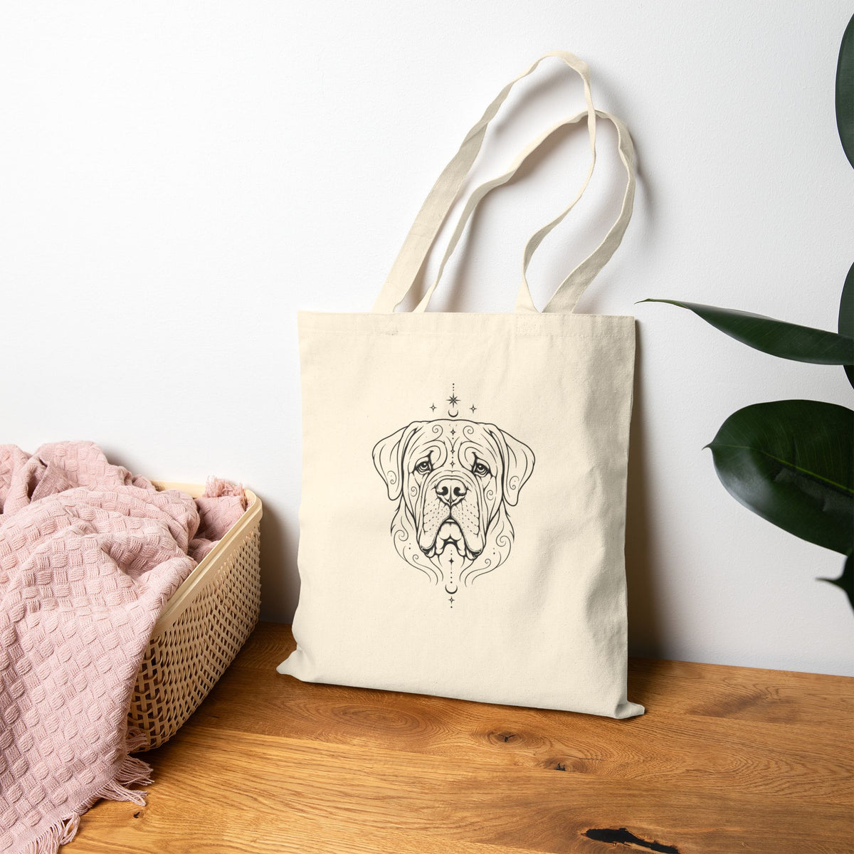 Mystical Mastiff Line Art Canvas Tote — Dog Portrait Cotton Shopper
