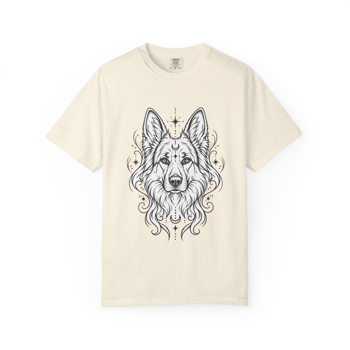 Mystical White Swiss Shepherd Line Art T-Shirt — Minimal Dog Portrait Tee