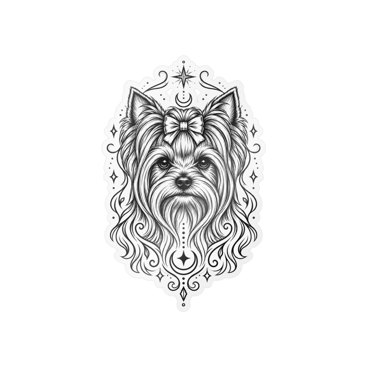 Mystical Yorkshire Terrier Line Art Kiss-Cut Vinyl Sticker — Decorative Dog Portrait Decal