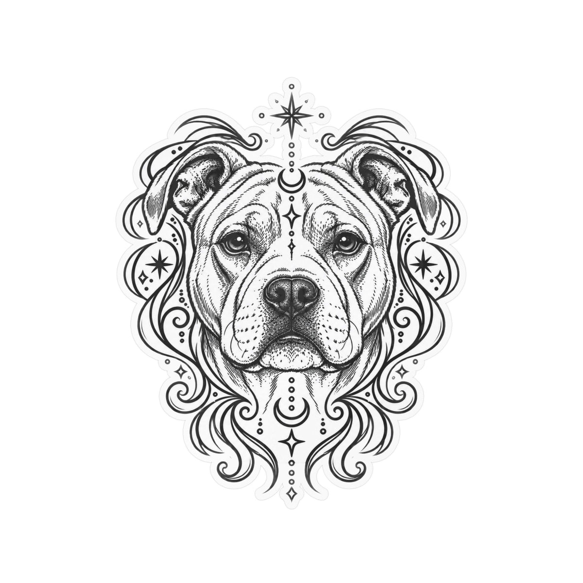 Mystical American Staffordshire Terrier Line Art Kiss-Cut Vinyl Sticker — Decorative Dog Portrait Decal