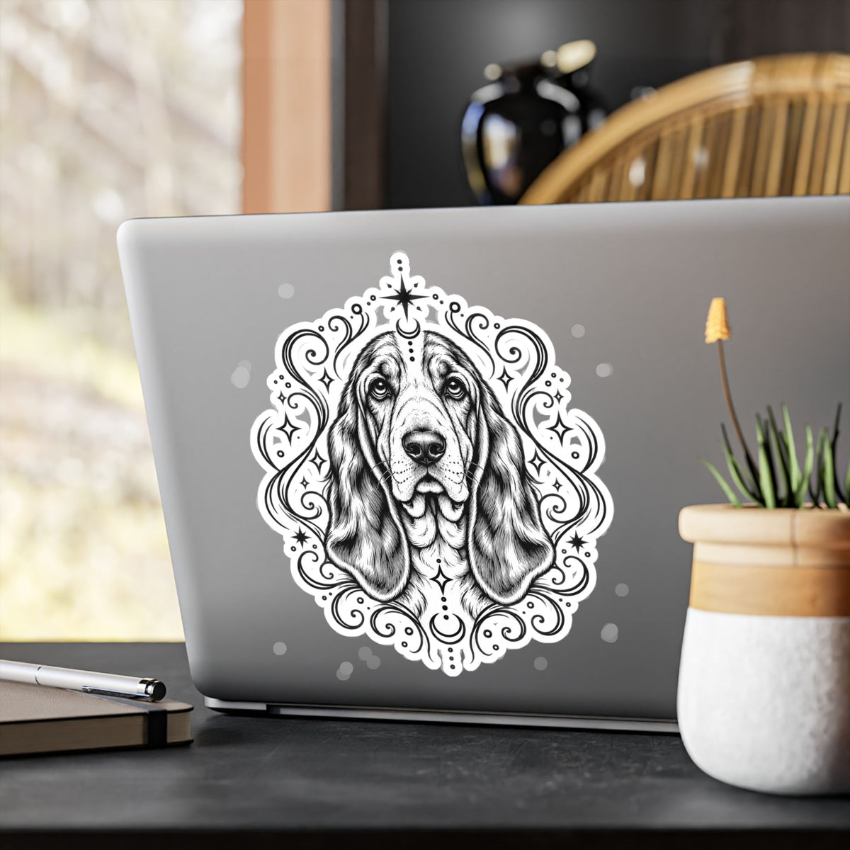 Mystical Basset Hound Line Art Kiss-Cut Vinyl Sticker — Decorative Dog Portrait Decal