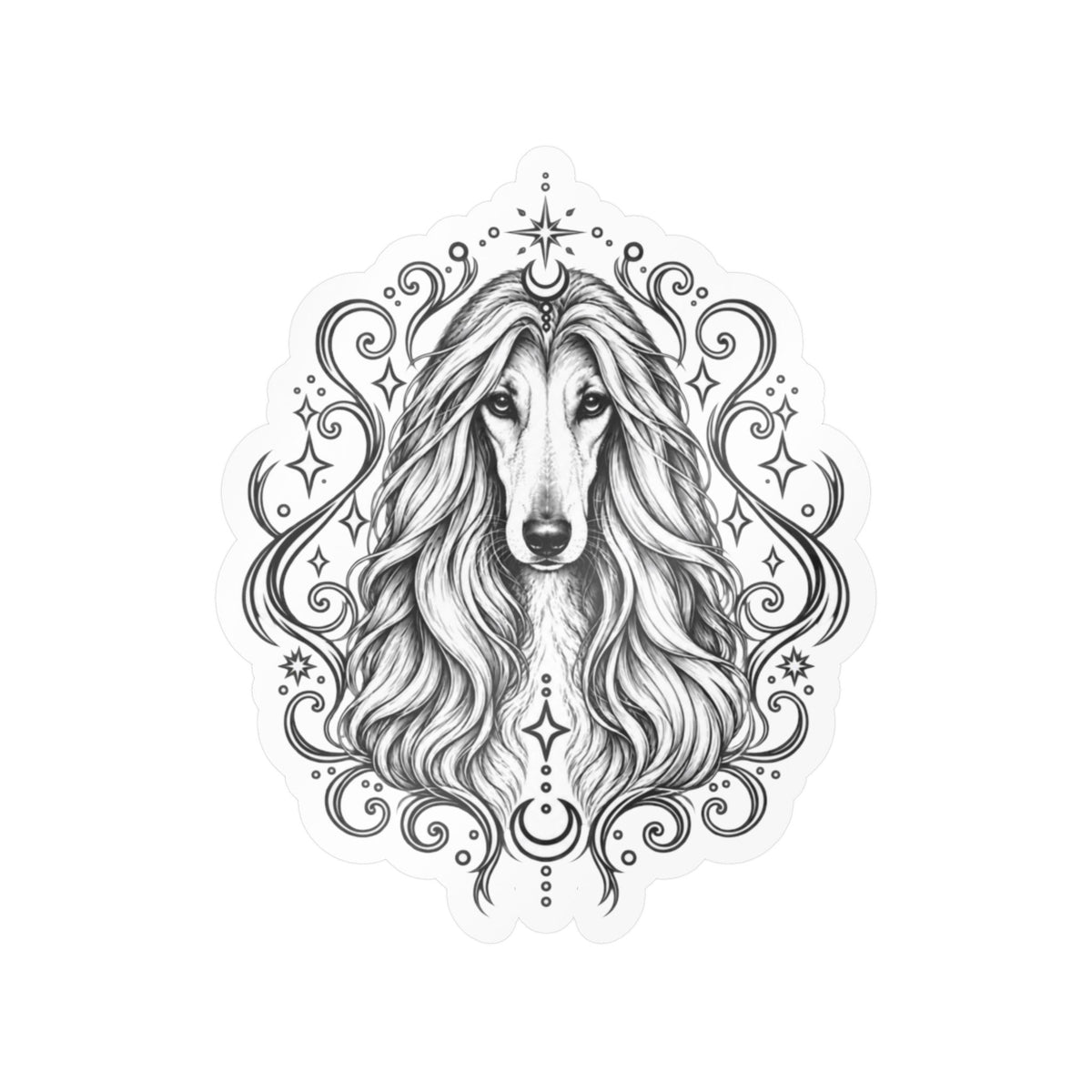 Mystical Afghan Hound Line Art Kiss-Cut Vinyl Sticker — Decorative Dog Portrait Decal