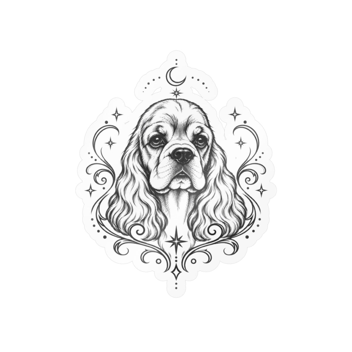 Mystical American Cocker Spaniel Line Art Kiss-Cut Vinyl Sticker — Decorative Dog Portrait Decal