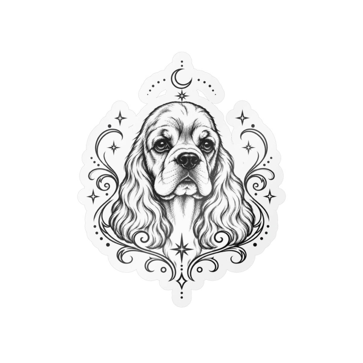 Mystical American Cocker Spaniel Line Art Kiss-Cut Vinyl Sticker — Decorative Dog Portrait Decal