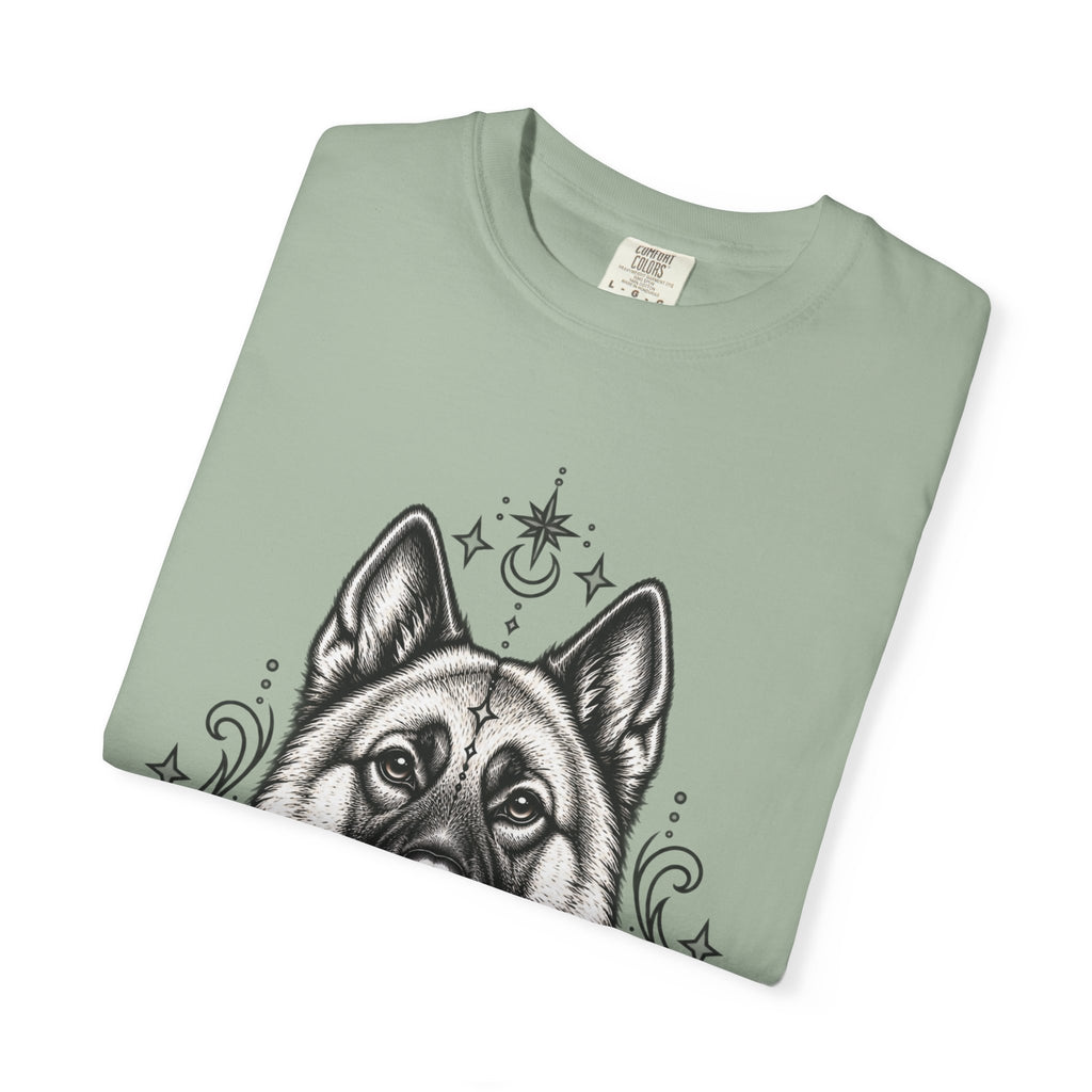 Mystical Norwegian Elkhound Line Art T-Shirt — Minimal Dog Portrait Tee