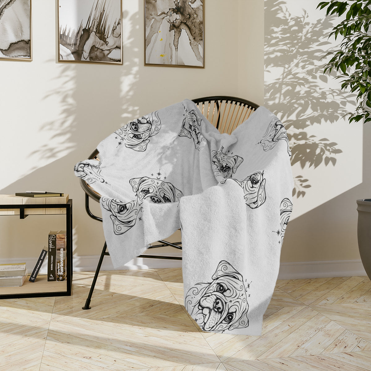 Mystical Pug Minimalist Velveteen Microfiber Blanket — Soft Neutral Pet Portrait Throw