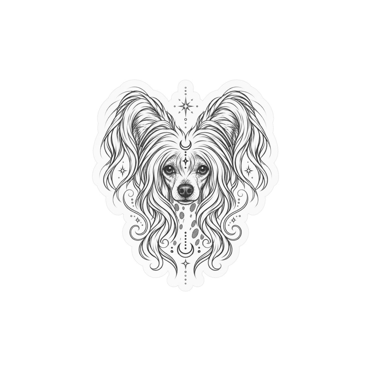 Mystical Chinese Crested Line Art Kiss-Cut Vinyl Sticker — Decorative Dog Portrait Decal