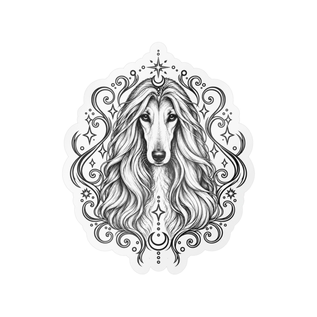 Mystical Afghan Hound Line Art Kiss-Cut Vinyl Sticker — Decorative Dog Portrait Decal