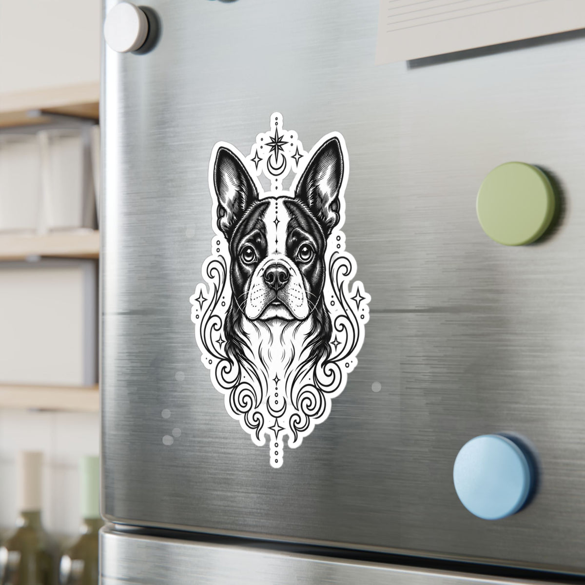 Mystical Boston Terrier Line Art Kiss-Cut Vinyl Sticker — Decorative Dog Portrait Decal