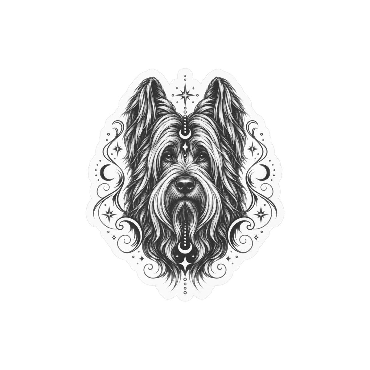 Mystical Briard Line Art Kiss-Cut Vinyl Sticker — Decorative Dog Portrait Decal