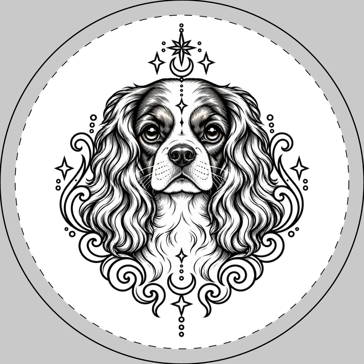 Mystical Cavalier King Charles Spaniel Round Car Magnet — Boho Dog Face Sticker