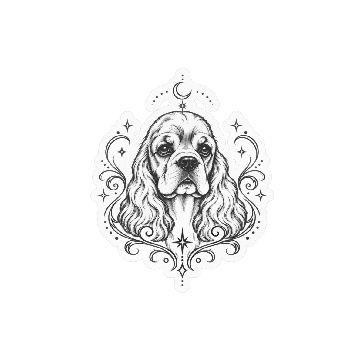 Mystical American Cocker Spaniel Line Art Kiss-Cut Vinyl Sticker — Decorative Dog Portrait Decal