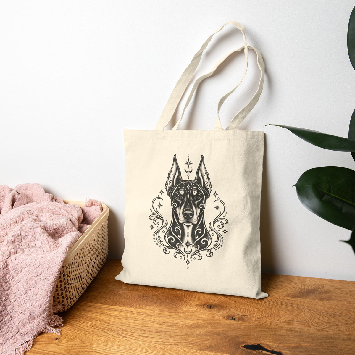 Mystical Doberman Pinscher Line Art Canvas Tote — Dog Portrait Cotton Shopper