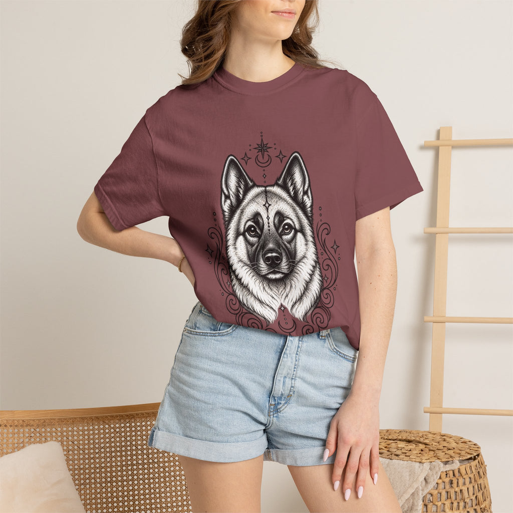 Mystical Norwegian Elkhound Line Art T-Shirt — Minimal Dog Portrait Tee