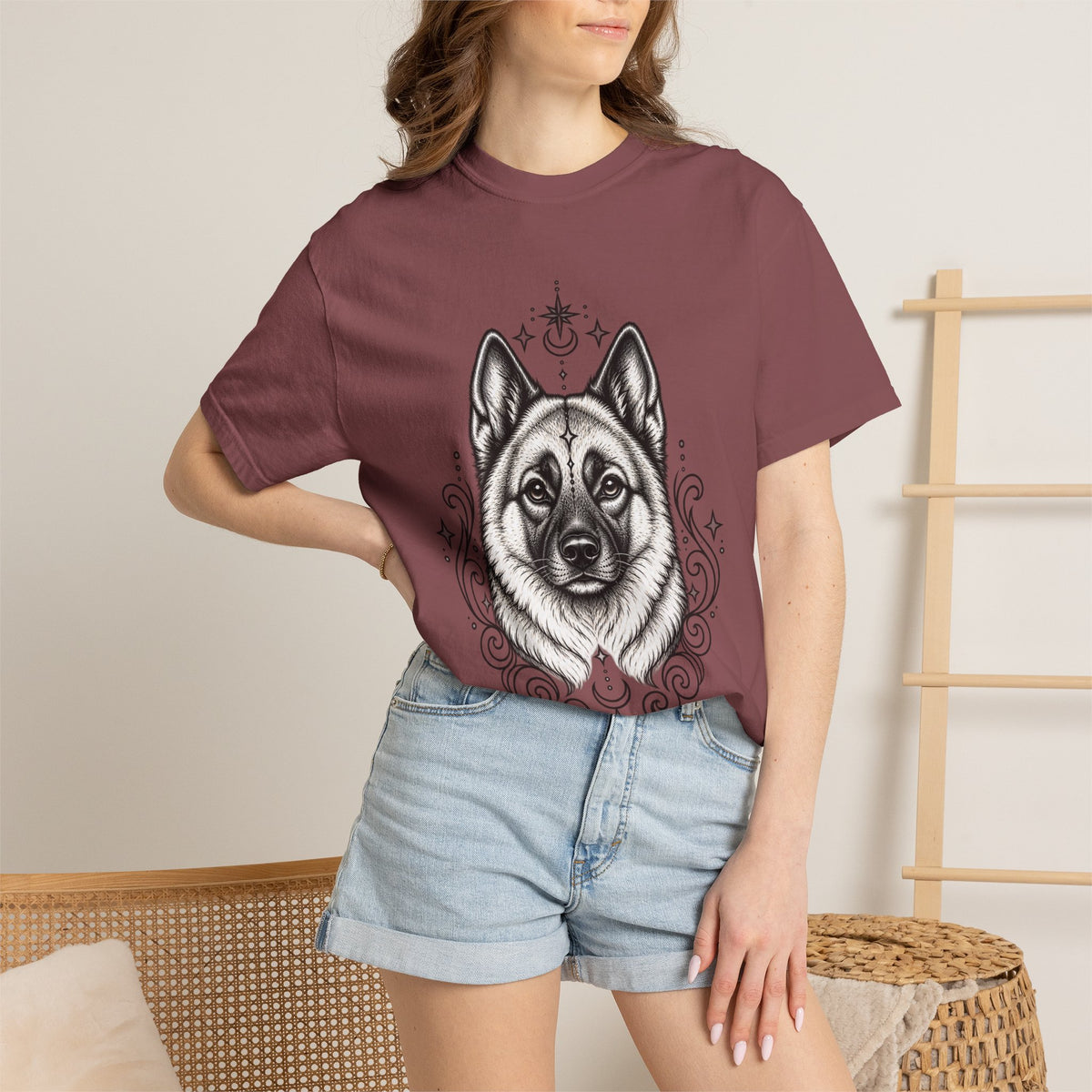 Mystical Norwegian Elkhound Line Art T-Shirt — Minimal Dog Portrait Tee