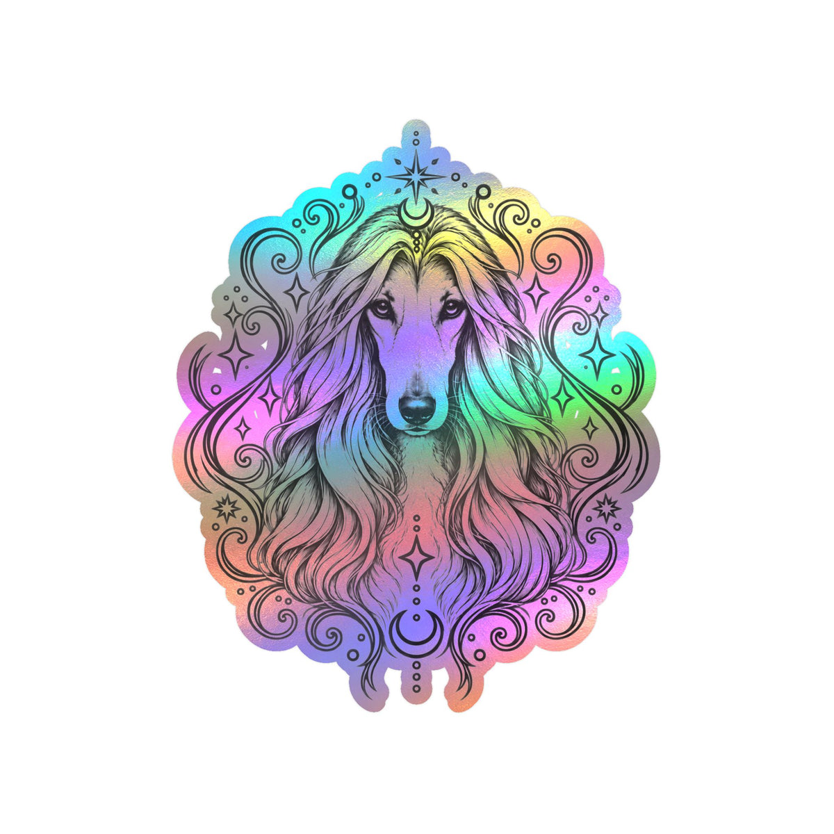 Mystical Afghan Hound Line Art Kiss-Cut Vinyl Sticker — Decorative Dog Portrait Decal