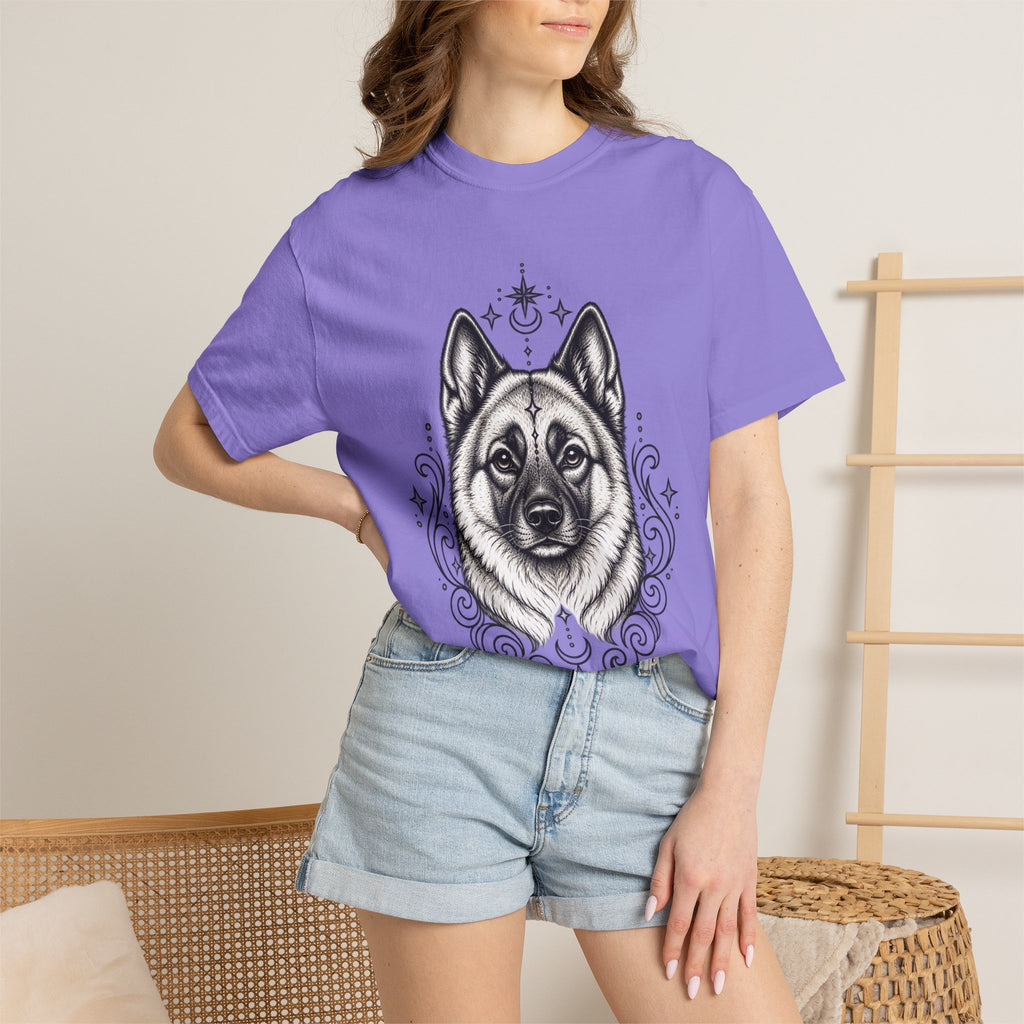 Mystical Norwegian Elkhound Line Art T-Shirt — Minimal Dog Portrait Tee