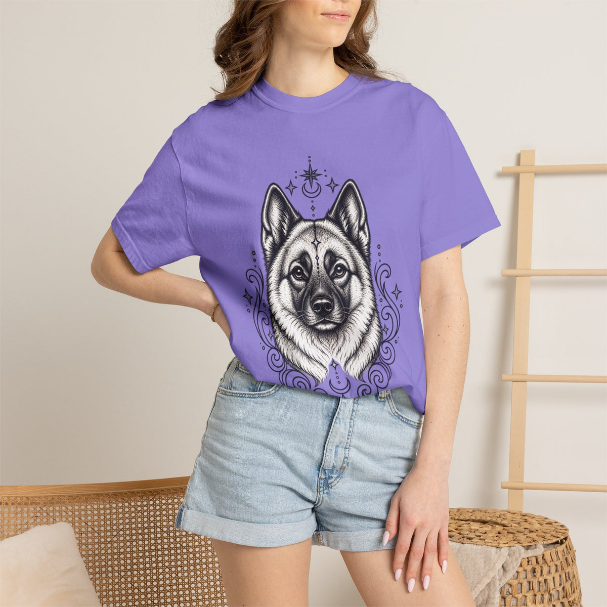 Mystical Norwegian Elkhound Line Art T-Shirt — Minimal Dog Portrait Tee