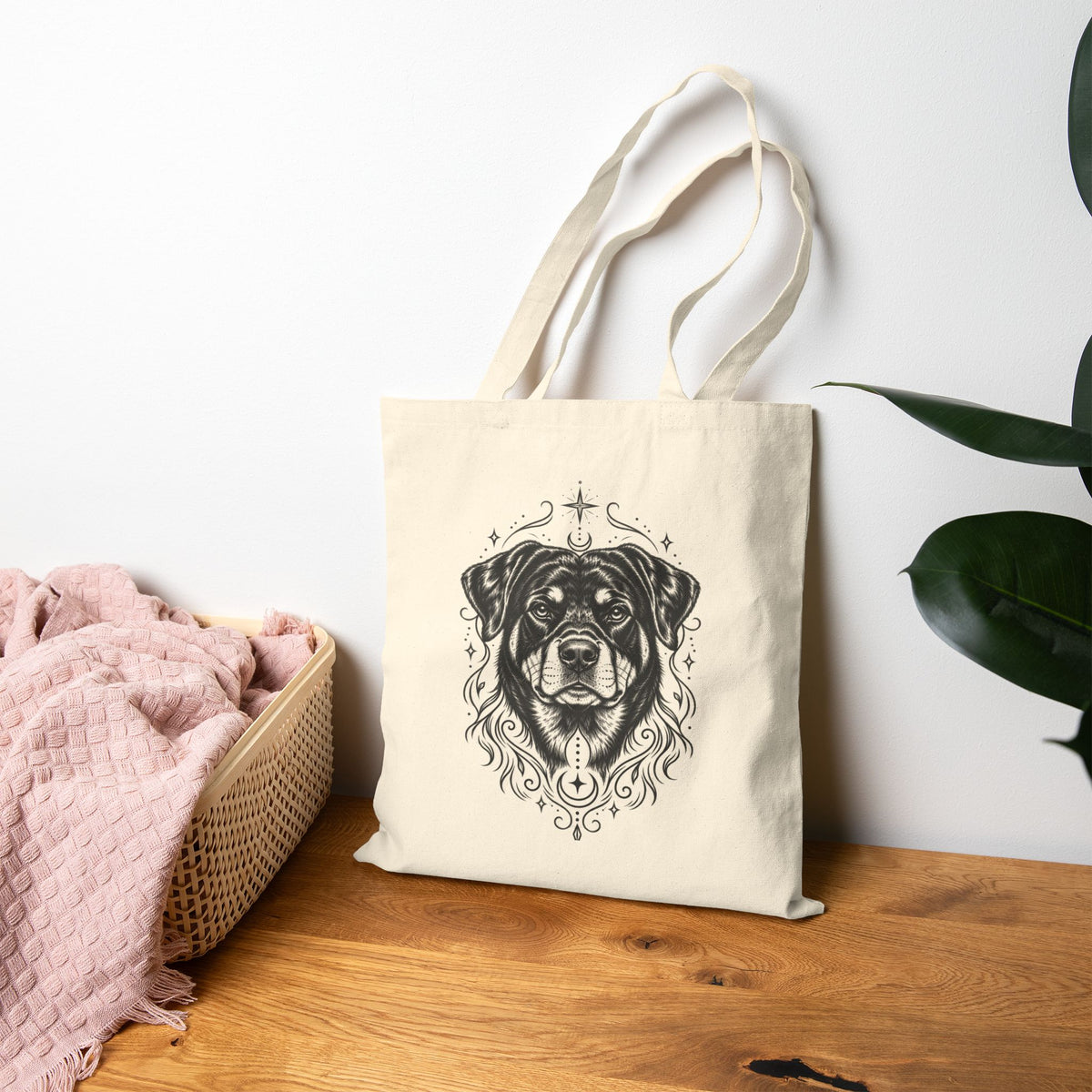 Mystical Rottweiler Line Art Canvas Tote — Dog Portrait Cotton Shopper