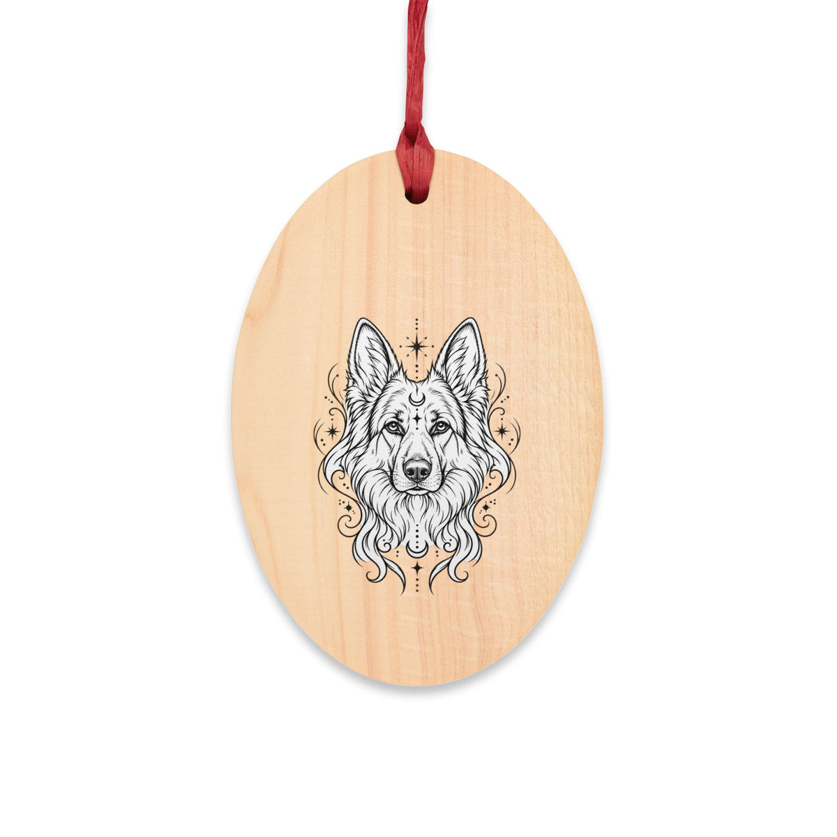 Mystical White Swiss Shepherd Wooden Ornament — Hand-Drawn Wolf Portrait on Heart-Shaped Wood