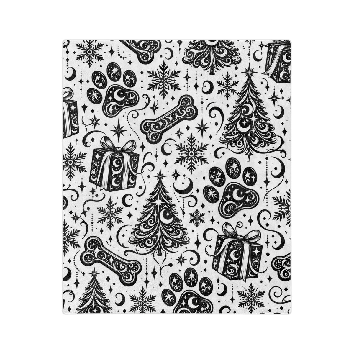 Holiday Pet Paw Print Microfiber Blanket — Black & White Christmas Tree, Gifts & Bones Pattern