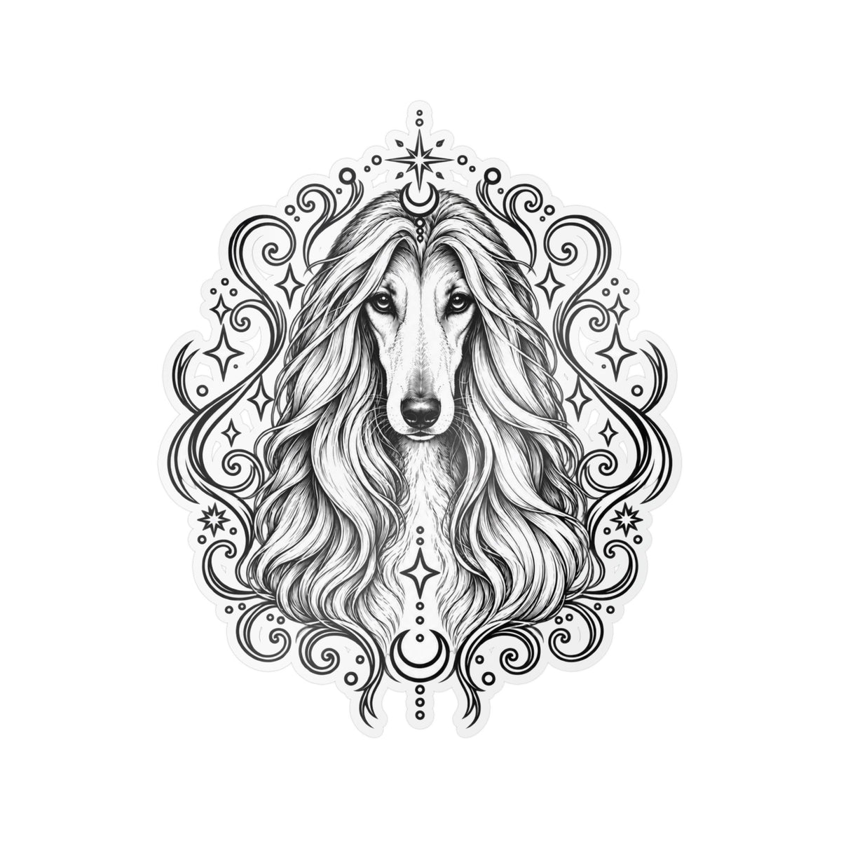 Mystical Afghan Hound Line Art Kiss-Cut Vinyl Sticker — Decorative Dog Portrait Decal