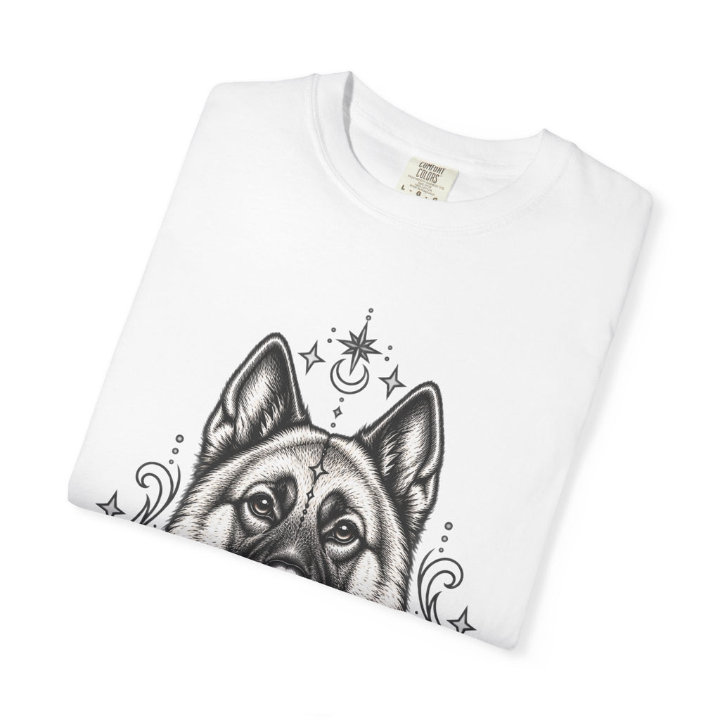 Mystical Norwegian Elkhound Line Art T-Shirt — Minimal Dog Portrait Tee