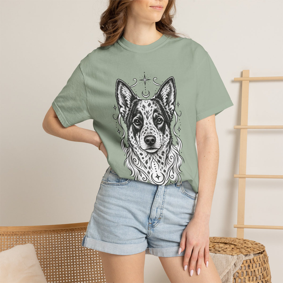 Mystical Australian Cattle Dog Line Art T-Shirt — Minimal Dog Portrait Tee