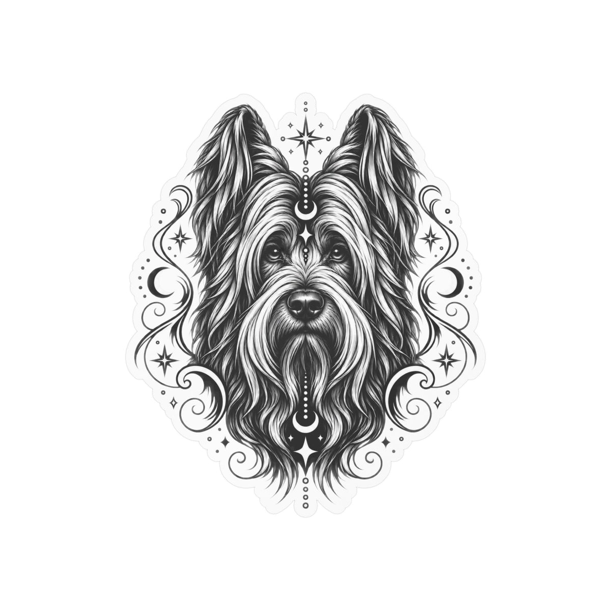 Mystical Briard Line Art Kiss-Cut Vinyl Sticker — Decorative Dog Portrait Decal