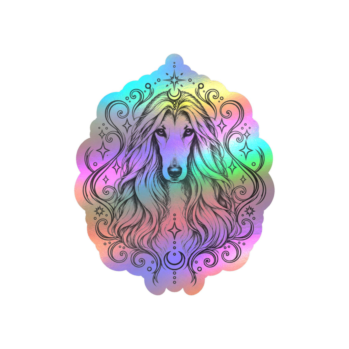 Mystical Afghan Hound Line Art Kiss-Cut Vinyl Sticker — Decorative Dog Portrait Decal