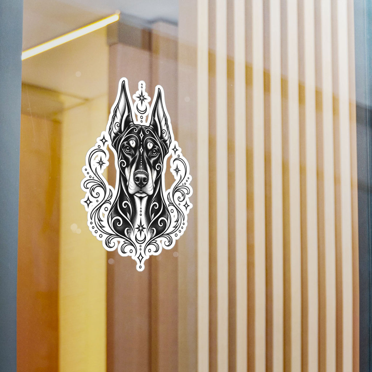 Mystical Doberman Pinscher CE Line Art Kiss-Cut Vinyl Sticker — Decorative Dog Portrait Decal